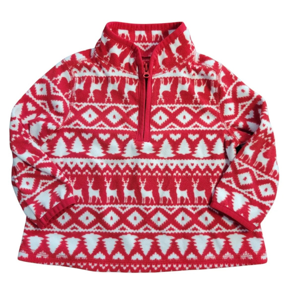 OshKosh B'gosh Fleece Half-zip Christmas Jacket Reindeer Trees Hearts Girl's 12m - Picture 1 of 7